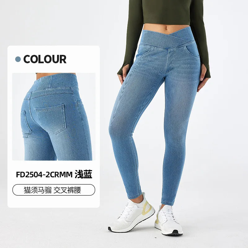 High Waist Cross Fit Women's Skinny Jeans Elastic Fitness Casual Pants Cotton Polyester Inner Lining Running Exercise Jeans