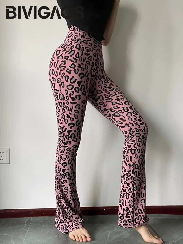 BIVIGAOS Spring Summer Leopard Print Flared Leggings Women Sharkskin High Waist Tight Sport Pilates Sexy Fitness Horseshoe Pants