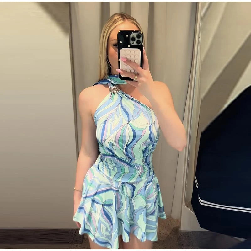 Women Floral Print Corset A-Line Mini Dress Lace Trim Spaghetti Strap V Neck Elegant Party Dresses 2026 Summer Lady Chic Outfit