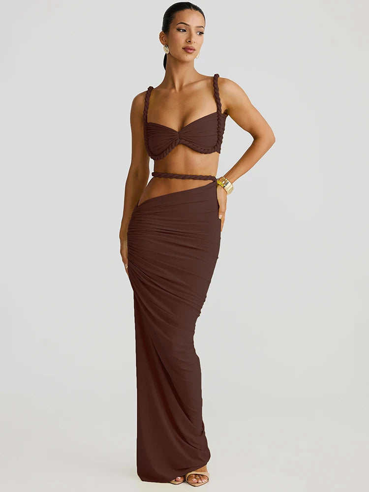 kliou Woven Sexy Women 2 Piece Set Stunning Hot Solid Pleated Crop Camisoles+High Waist Maxi Skirts Female Trend Vacation Outfit