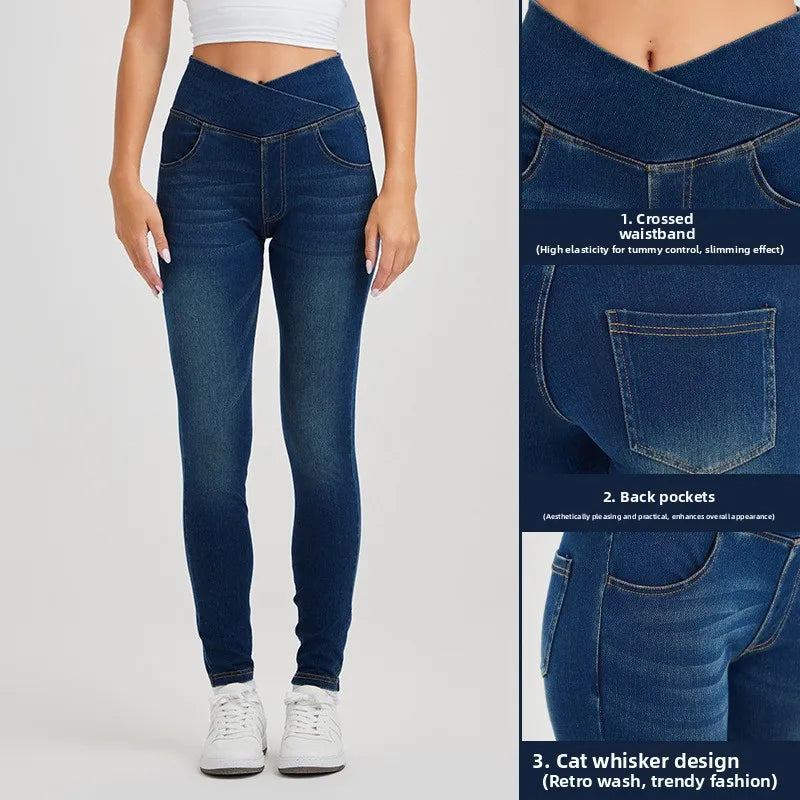 High Waist Cross Fit Women's Skinny Jeans Elastic Fitness Casual Pants Cotton Polyester Inner Lining Running Exercise Jeans