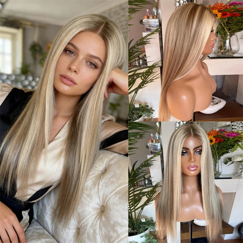 Ombre Ash Blonde Brown Lace Front Wig High Quality Synthetic Wig Real Wig Top Lace High Heat Fibre Soft Long Straight Wig 26''