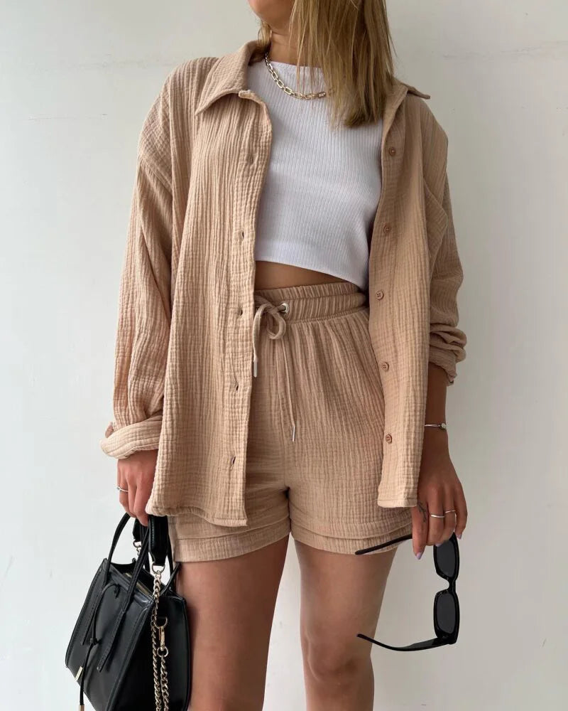 Summer Women's Suit Short Sets Outfits Muslin Suit For Women 2025 Two Piece Female Clothing Solid Button Outfits