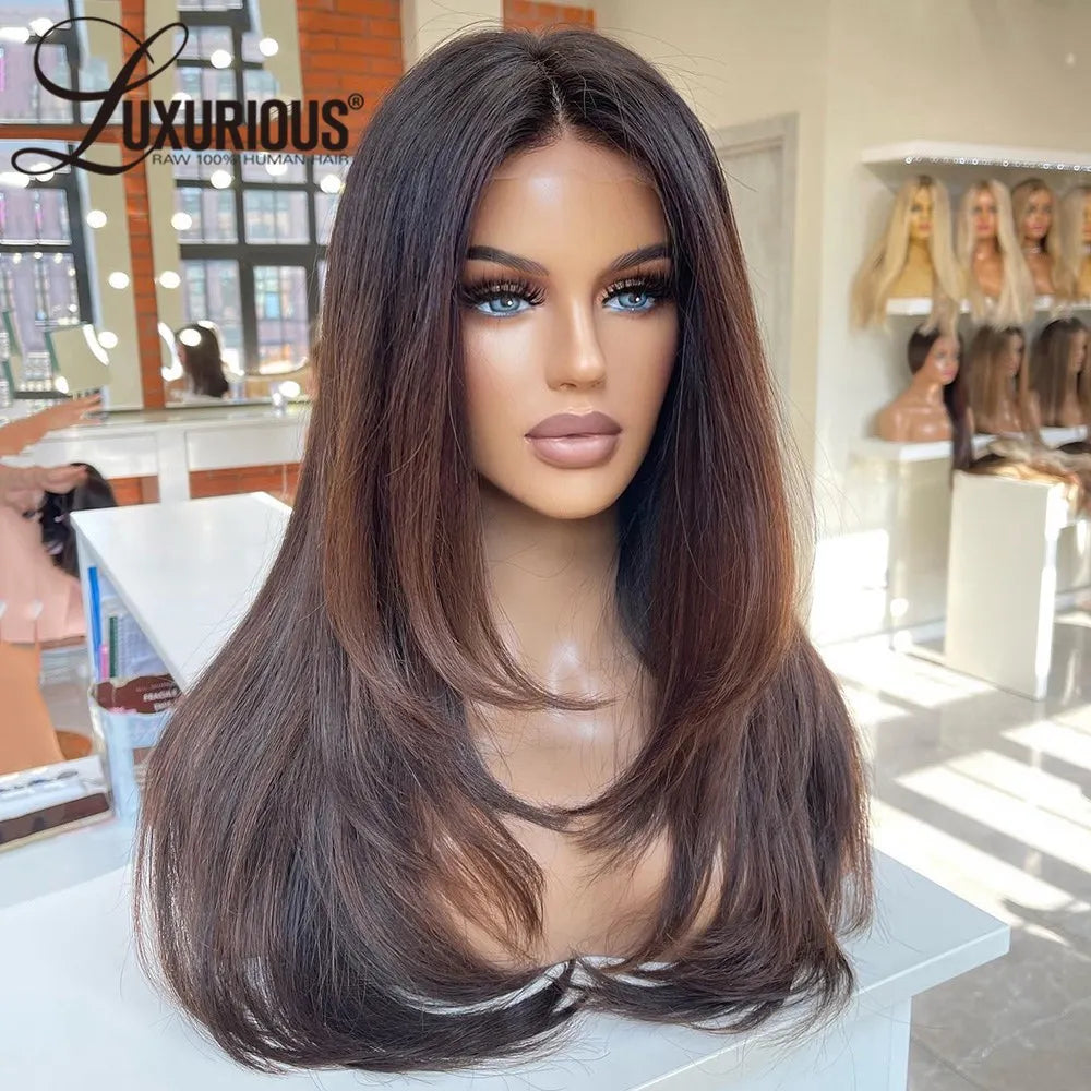 Ombre Brown Color 13x4 Lace Front Layered Wig Remy Brazilian Human Hair Pre Cut Straight Natural Black Frontal Wigs Pre Plucked