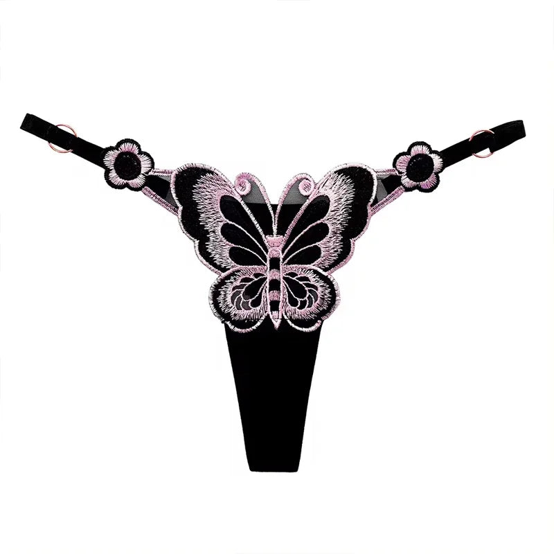 Butterfly Lace Thong for Women Low Waist G-String Transparent Mesh Panties Sexy Embroidered Briefs Adjustable Waist Culotte Femm