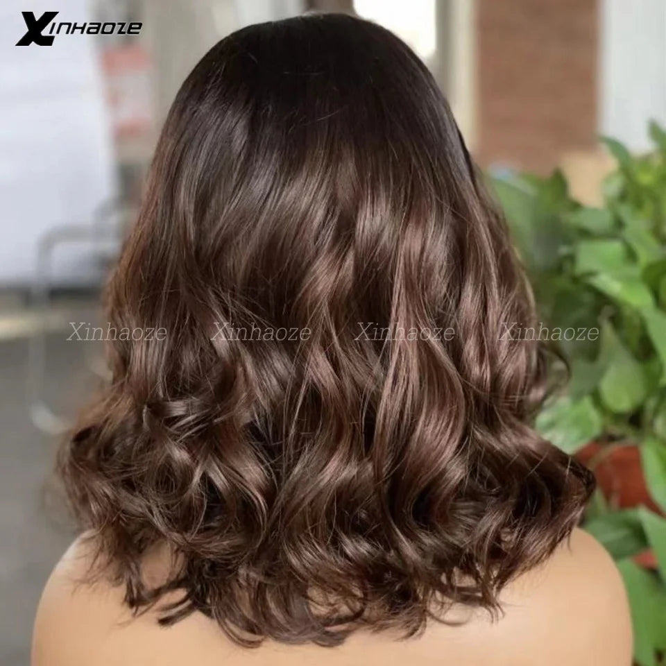 Ombre Brown 5x5 PU Silk Base Lace Closure Bob Wig For Women Human Hair 13x6 Lace Frontal Wig Preplucked Side Part Wavy Bob Wig