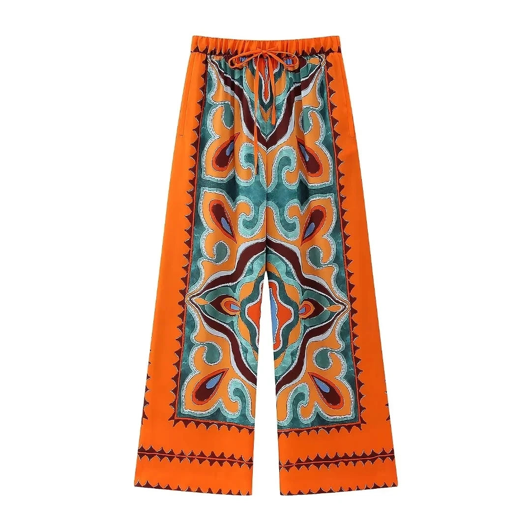 HH Women Pants Set Vintage Print Back Bow Tie Strapless Bustier Tops + Drawstring Trousers Female Chic Streetwear Pant Suits