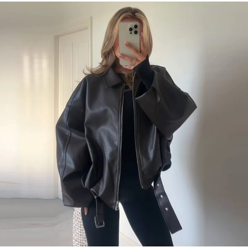 The Belted PU Bomber Jacket