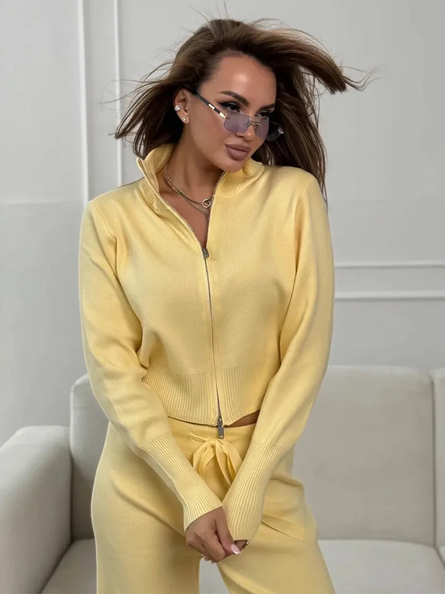 Wolfeel  New Autumn Winter Zip Up Knit Pants Set Women's Trendy Slim Fit Cardigan Pants Chic Commuting Sweater Outfit