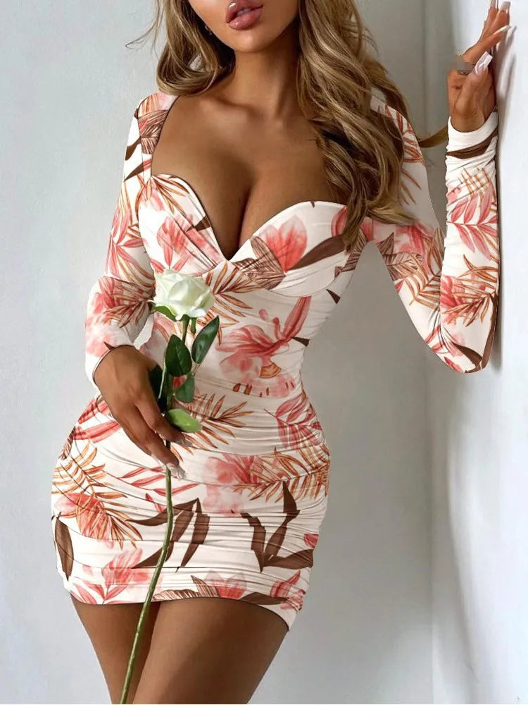Sexy Low Cut Flower Print Bodycon Mini Long Sleeve V Neck Dress Women Elegant Long Sleeve Short  Wrapped Hip Printed Dress