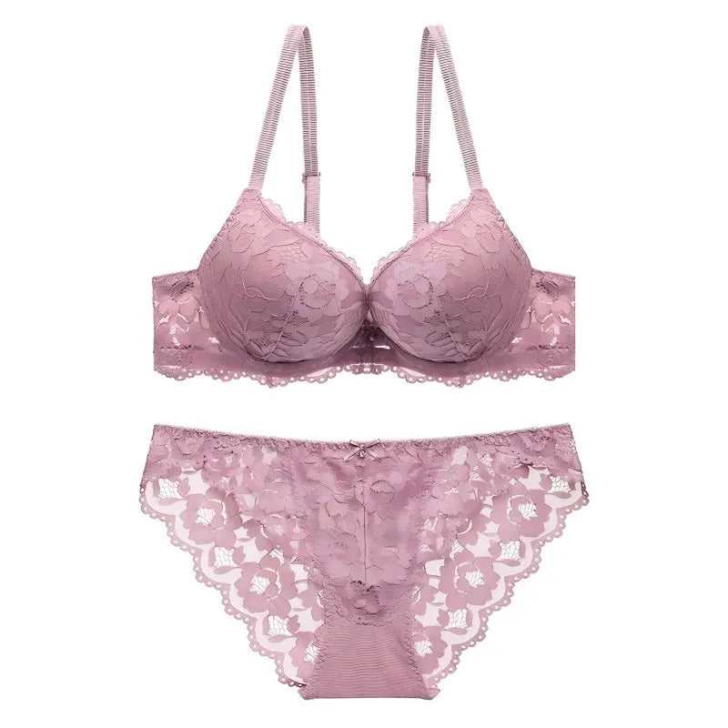 Sexy Lace Floral Women's Underwear Set Double Straps Push-Up Bra Hollow-Out Sexy Panties