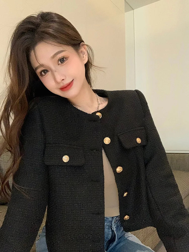 French Wool Tweed Coat Fashion High-end Gold Button Short Slim Temperament Spring and Autumn Korean Coats Women Jacket New