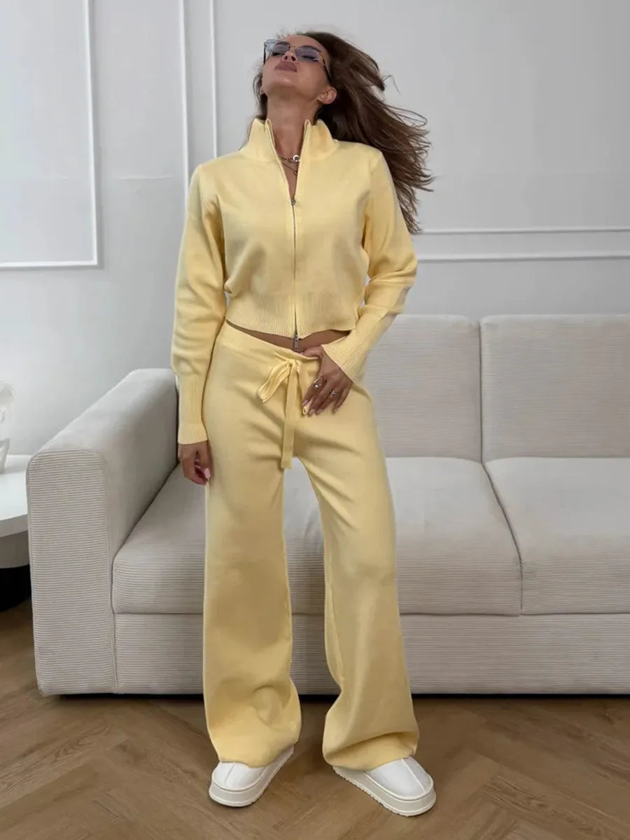 Wolfeel  New Autumn Winter Zip Up Knit Pants Set Women's Trendy Slim Fit Cardigan Pants Chic Commuting Sweater Outfit