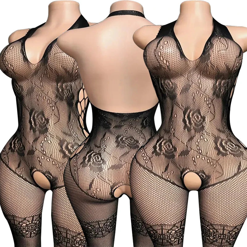 Erotic Crotchless Lingerie For Women Mesh Translucent Bra Set Lace Floral Print Bodysuit Fishnet Sexy Hollow Out Underwear Set