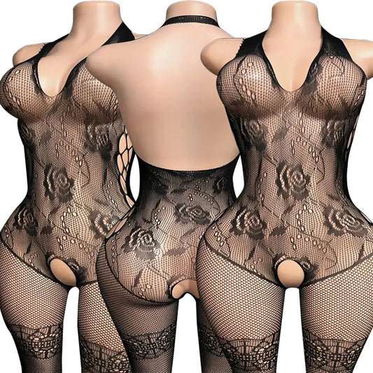 Erotic Crotchless Lingerie For Women Mesh Translucent Bra Set Lace Floral Print Bodysuit Fishnet Sexy Hollow Out Underwear Set