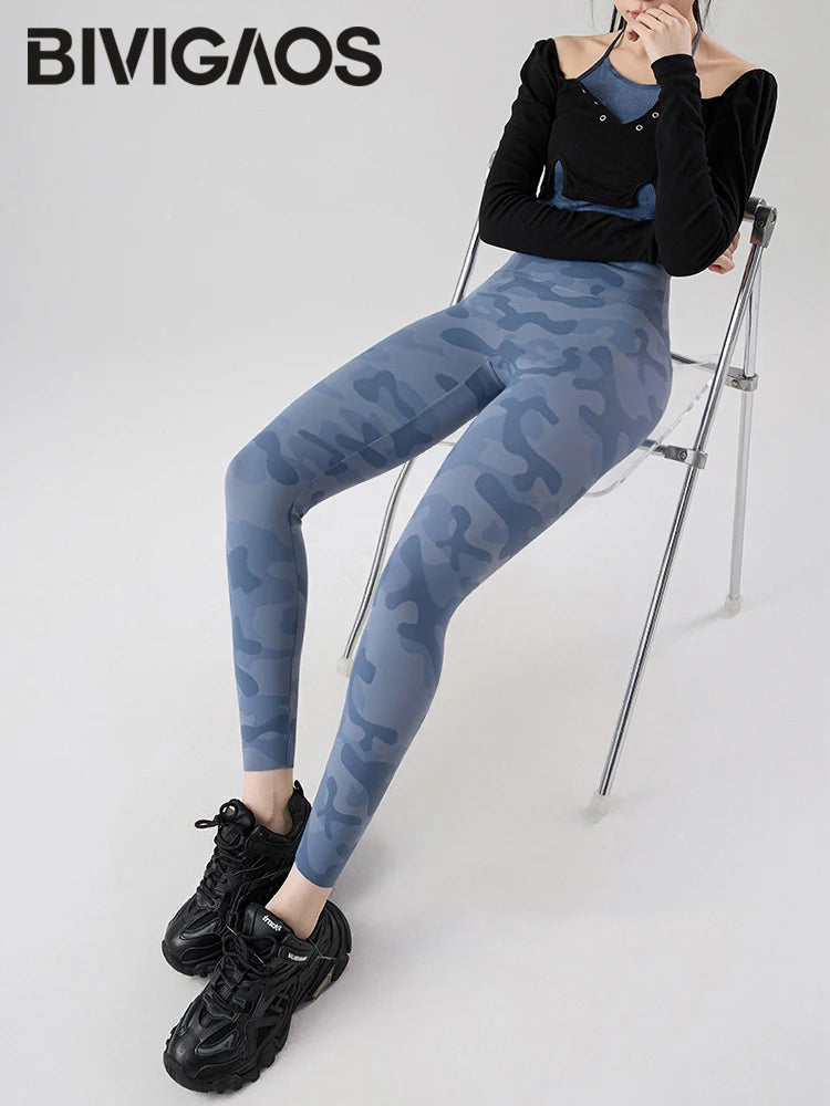 BIVIGAOS Spring Summer New Seamless Camouflage Sharkskin Leggings Women Fashion High Waist Casual Sports Tights Fitness Leggings