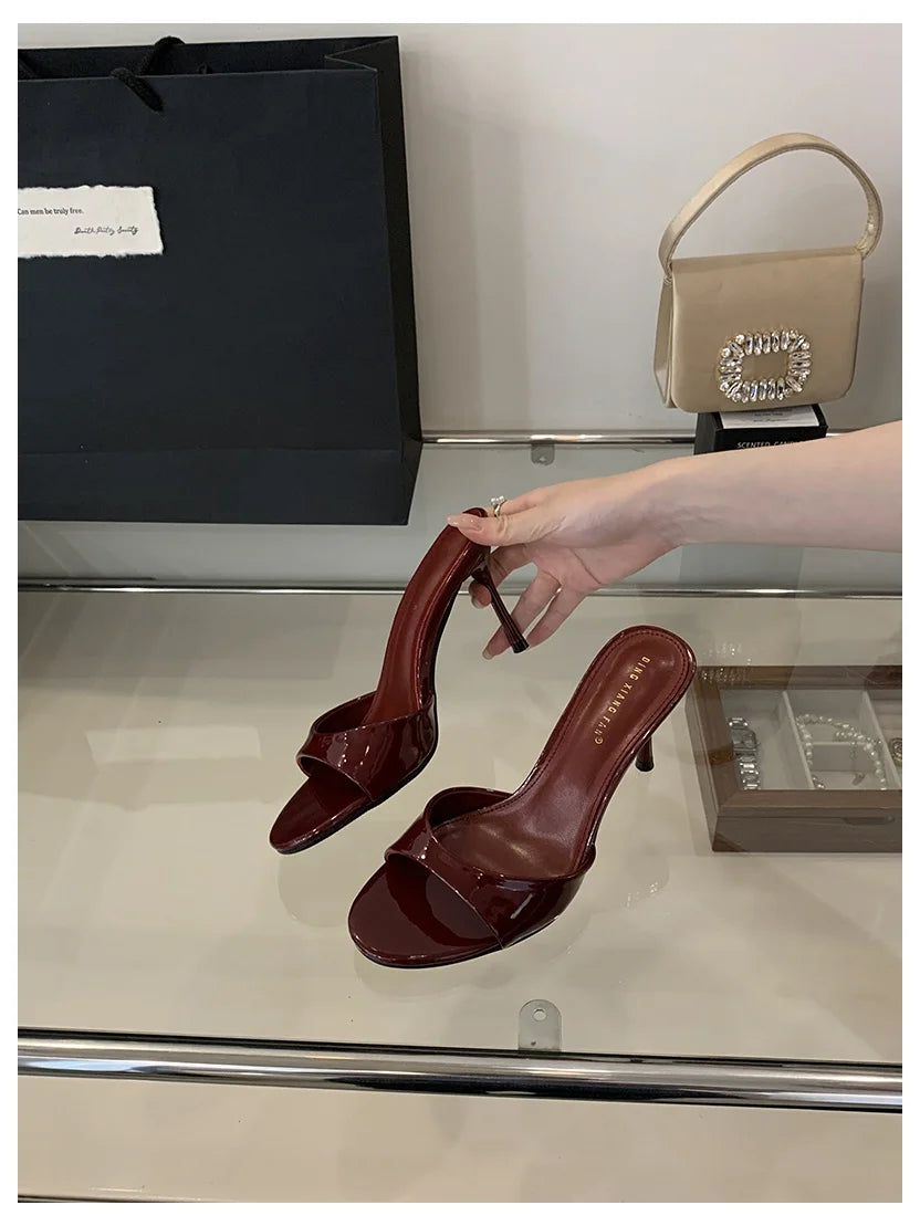 2026 Fashion Sexy Thin High Heels Slides Women Open Toe Pumps Slip Sandal Female Slippers Mule Patent Leather Outdoor Flip Flops