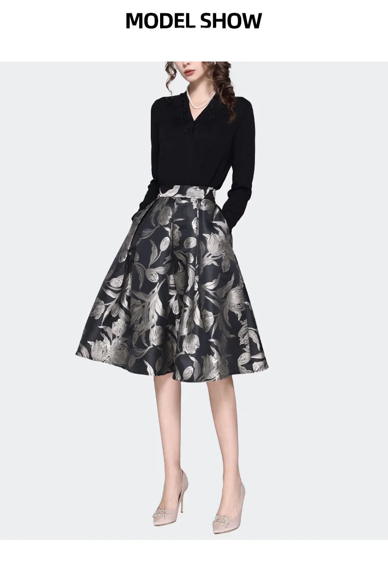 Women Grey Floral Mid-length Skirt 2024 Spring New HIgh Waist A-Line Pleated Knee-length Skirts With Pockets Tutu Skirts
