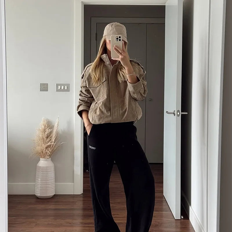 Women's Brown Suede Short Jackets Casual Lapel Zippered Full Sleeves Pocket Loose Short Coats 2025 Autumn Daily Commute Outwear