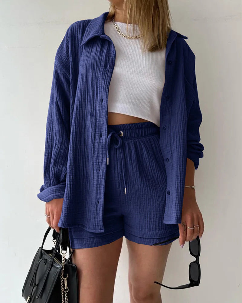 Summer Women's Suit Short Sets Outfits Muslin Suit For Women 2025 Two Piece Female Clothing Solid Button Outfits