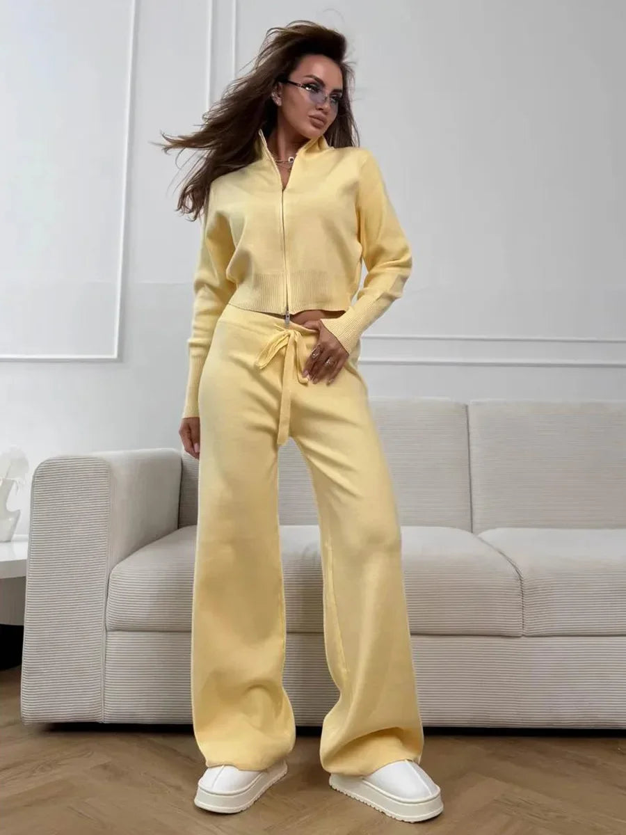 Wolfeel  New Autumn Winter Zip Up Knit Pants Set Women's Trendy Slim Fit Cardigan Pants Chic Commuting Sweater Outfit