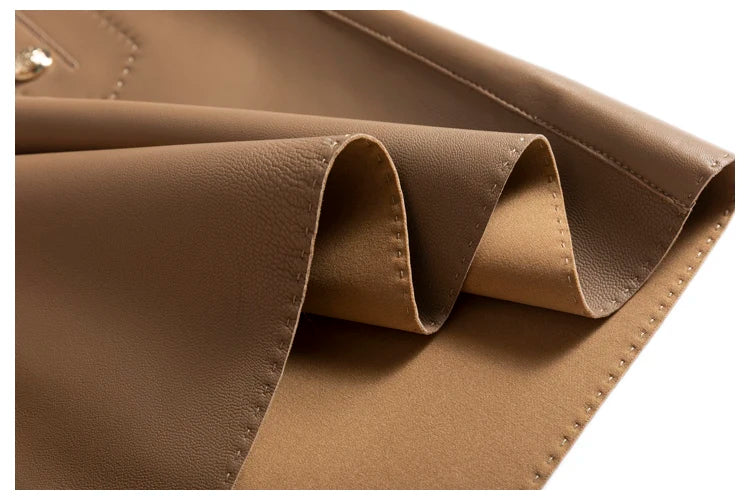Moda Linda Lambskin Mini Skirts Women Handmade Arch Needle High Waist Wrap Leather Etek Khaki Double Breasted Metal Button Jupe