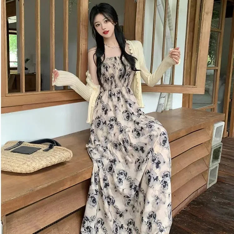 Elegant Long Dress 2024 New Summer Vacation Style High-waisted Slimming Sleeveless Tank Dress Fragrant Flowers