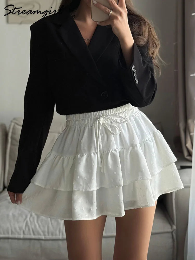 Streamgirl Women Mini Skirts With Shorts Under Summer Clothes Tie Up A Line Short White Pleated Ruffled Layered Skirt For Women