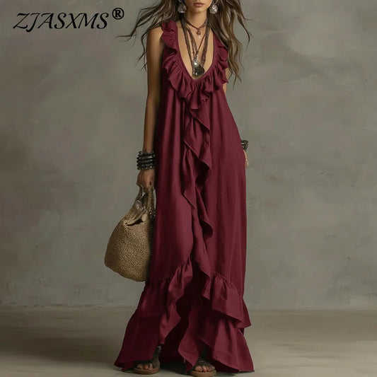 Sexy Deep V Neck Ruffle Loose Long Dresses Woman Spring Casual Solid Party Maxi Dress New Summer Sleeveless Vacation Beach Dress