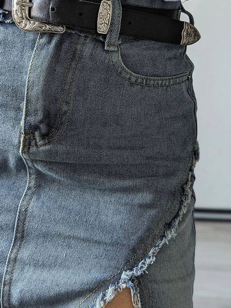 Streamgirl Irregular Split Denim Skirts For Women Midi Summer Casual Tassel Denim Skirt Lady Sexy A Line Jeans Skirt Women 2024