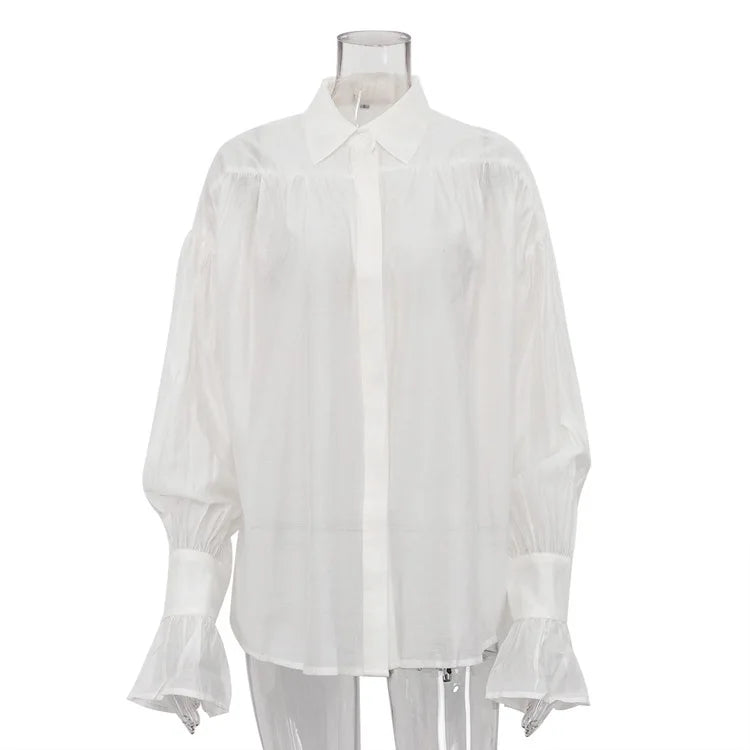 Bornladies Autumn Women's Fashionable Loose Collared Shirt Office Lady Solid Color Versatile Flare sleeve Top Long Sleeved Shirt