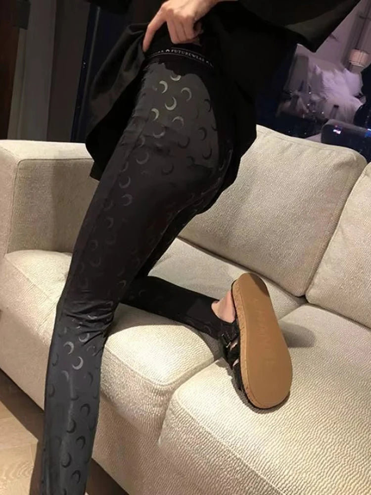 Fashion High Street Casual Women's High Waist Printed Bottom Pants New Women Reflective Tight Elastic Outerwear Pants